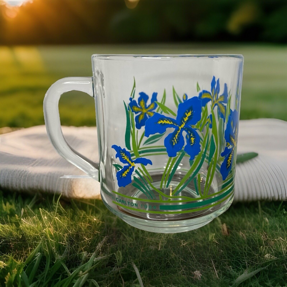 VTG 1984 Carlton Blue Iris Glass Coffee Tea Clear Mug